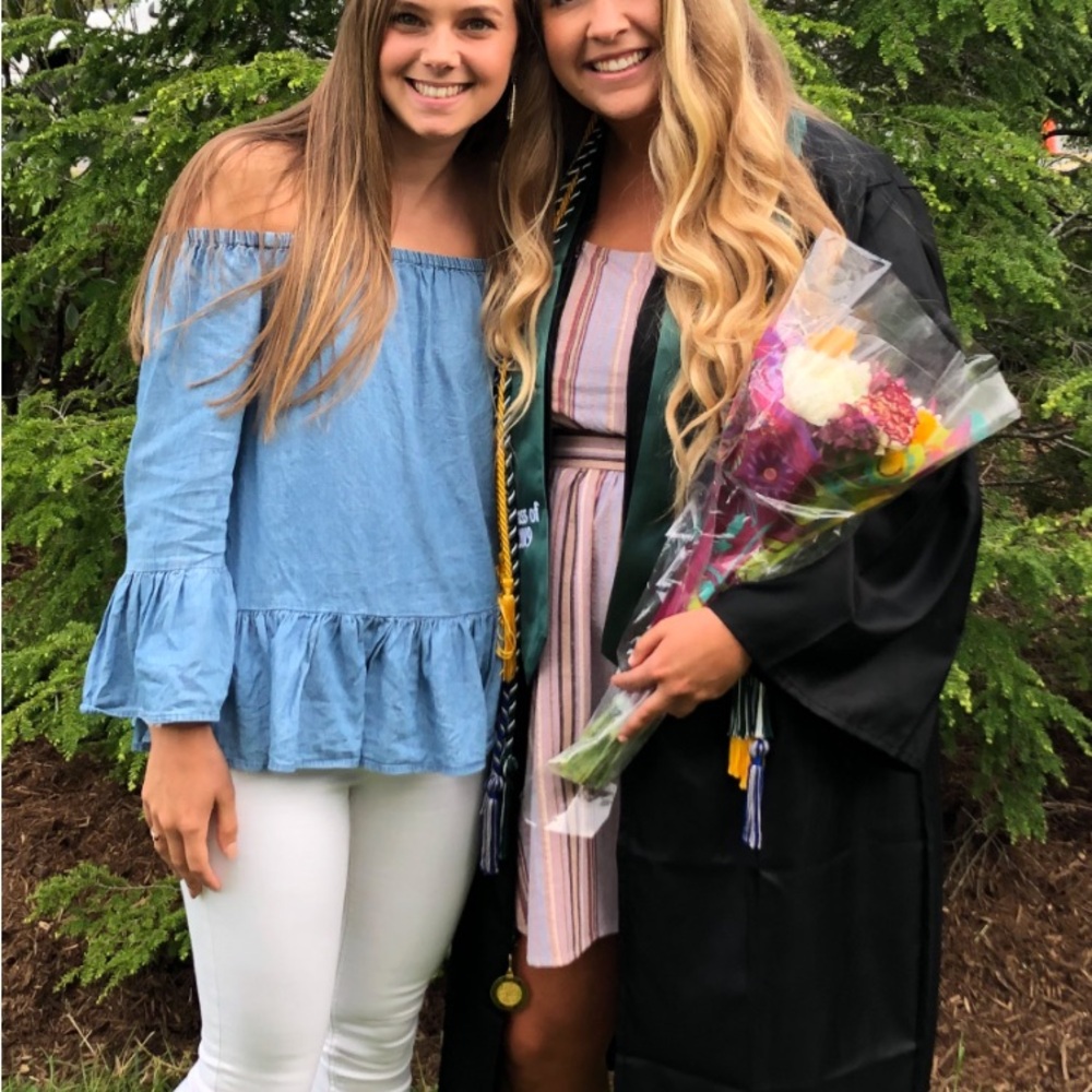 Blue Off-Shoulder Top and White Pants